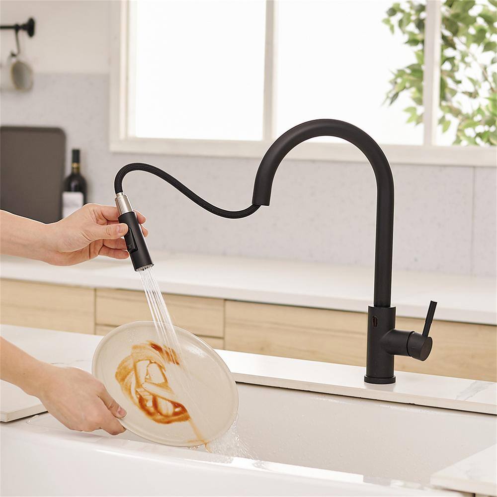 FLG Single Handle Touchless Gooseneck Pull Down Sprayer Kitchen Faucet Modern Smart 1 Hole Solid Brass Taps in Matte Black CC-0138-MB