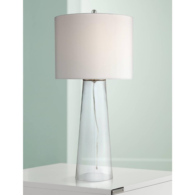 Tall Tapered Column Large Modern Coastal End Table Lamp Clear Glass Single White Shade Living Room Bedroom Bedside Nightstand