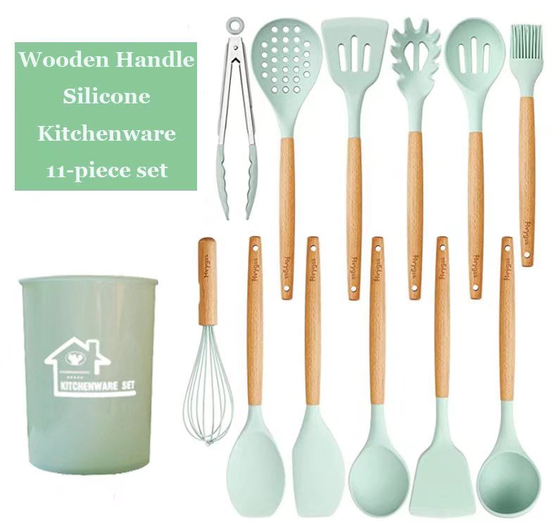 12-Piece Kitchen Silicone Cooking Utensils Set with Holder, Stainless Steel Kitchen Utensils Set(light green)