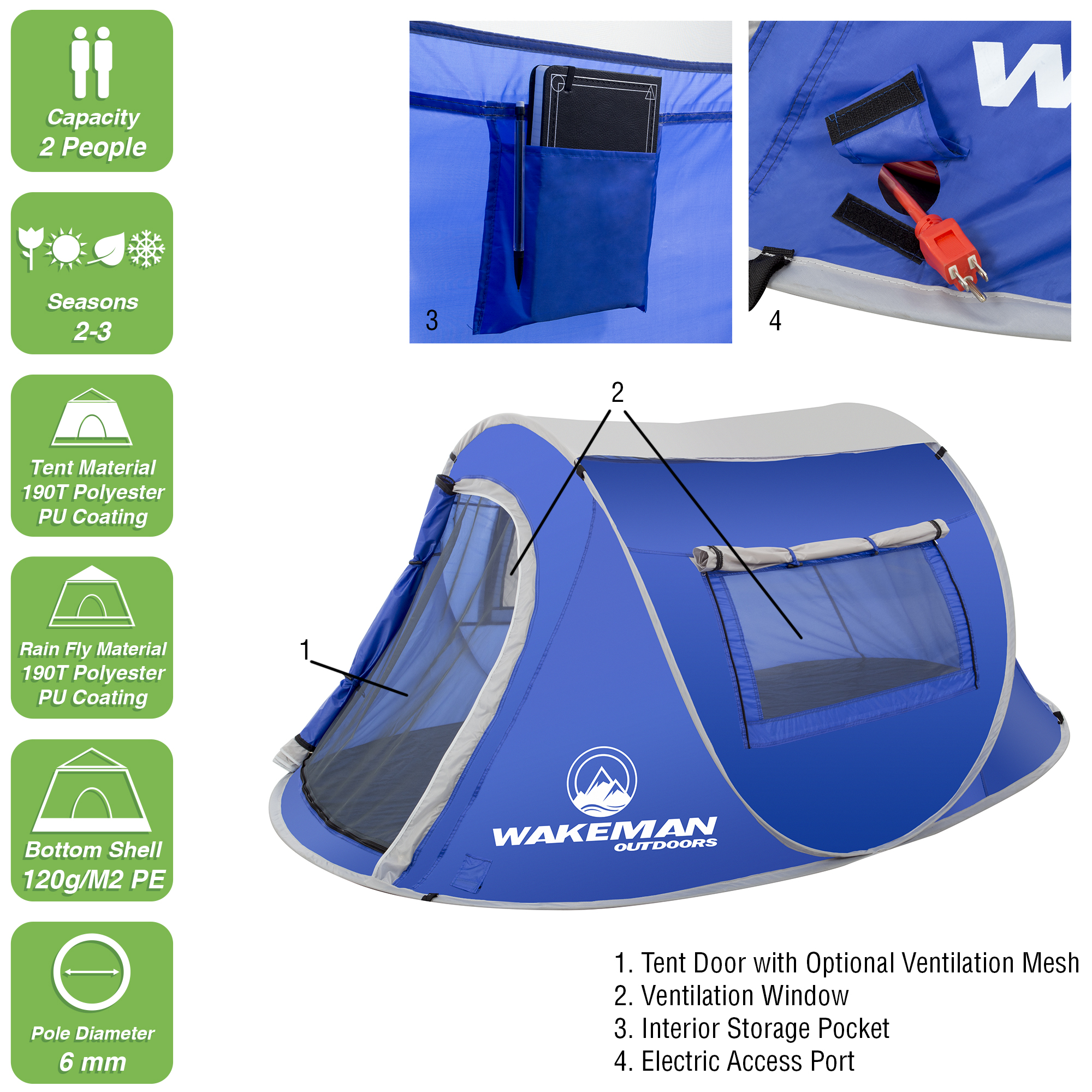 2-Person Pop-up Tent - Water-Resistant Polyester Tent for Camping and Backpacking with Rainfly， Tent Stakes， and Carry Bag - Blue， by Wakeman Outdoors