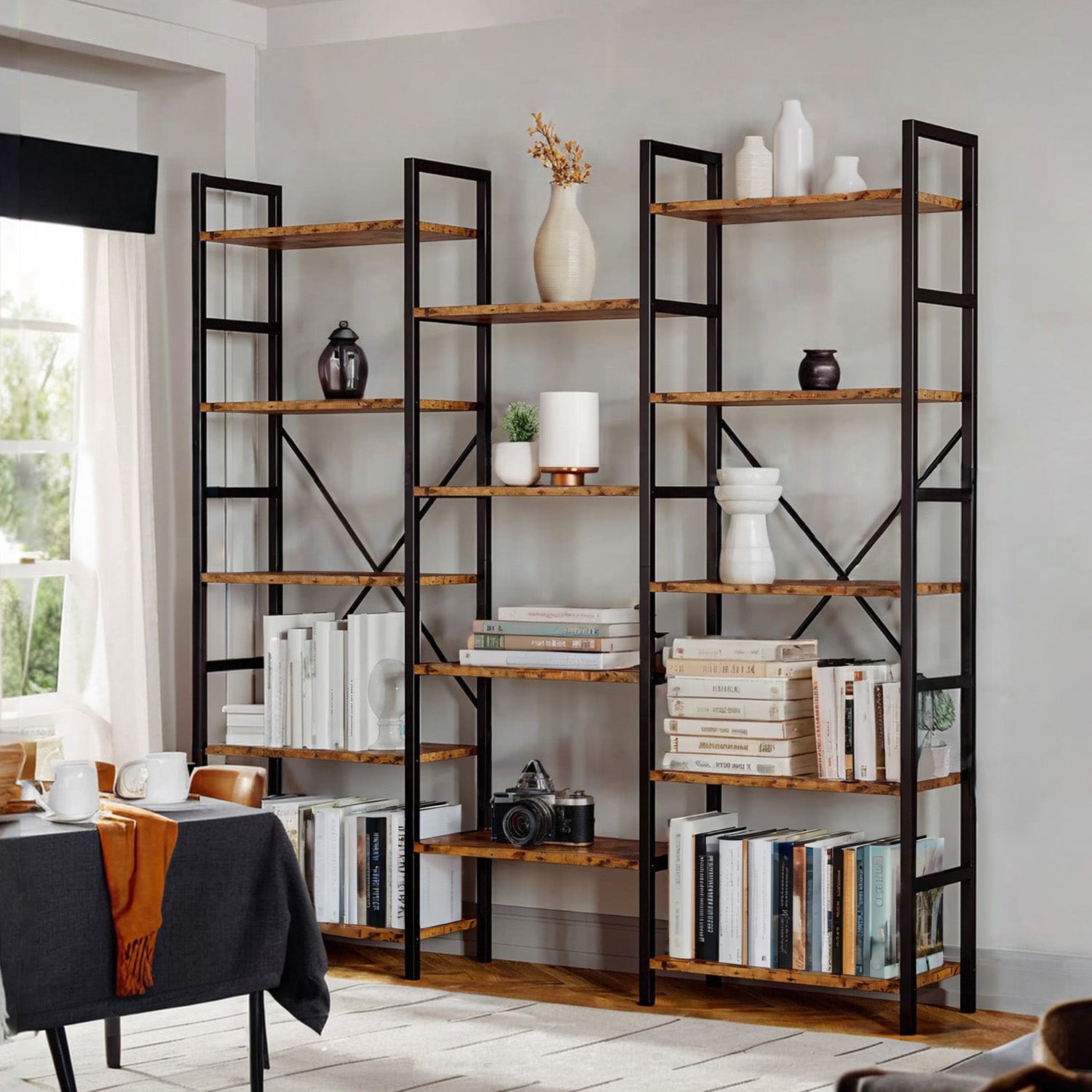 Large Etagere Bookcases Bookshelves 3 Wide 5 Tiers Industrial Bookshelf Open Display Shelves