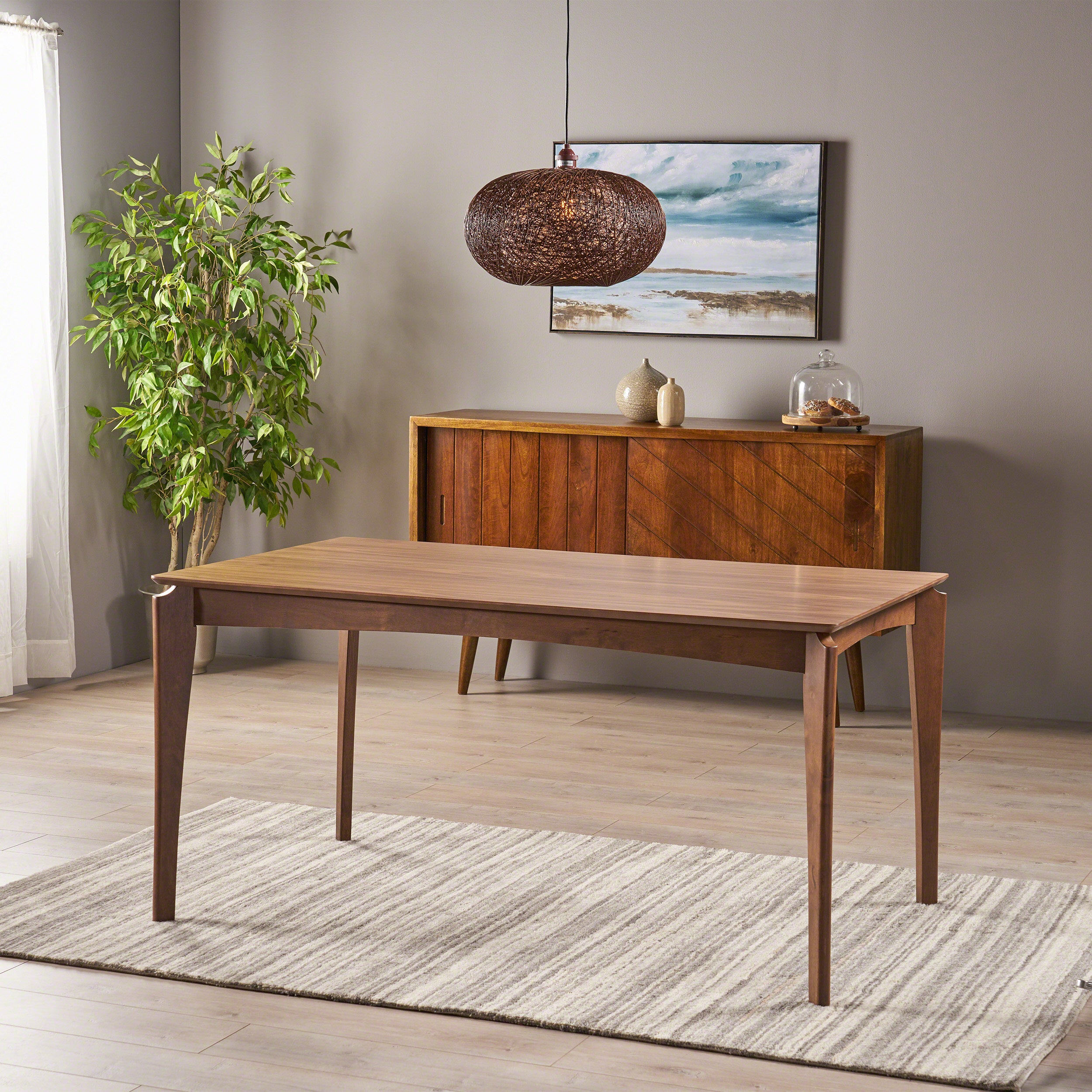 Domina Mid-Century 6-Seater Rubberwood Dining Table with Walnut Veneer Table Top