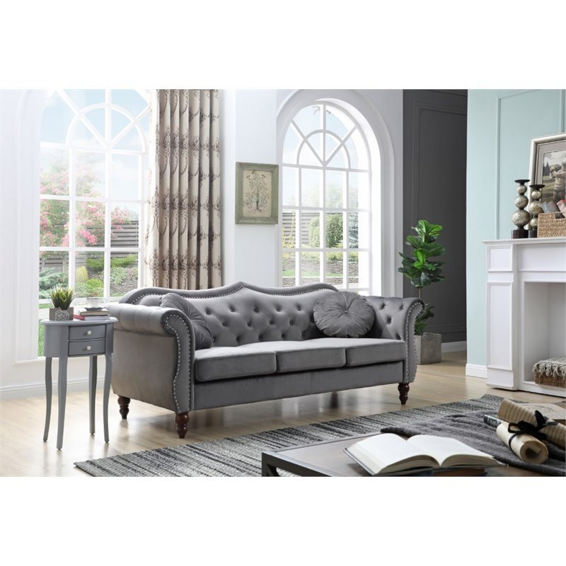 Pemberly Row17 quotTransitional Velvet Tufted Sofa with 2 Pillows in Dark Gray   Traditional   Sofas   by Homesquare  Houzz