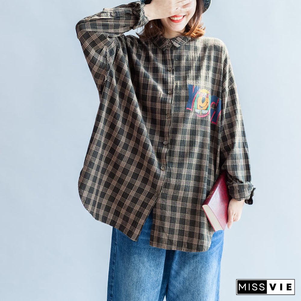 autumn casual blackish green cotton blouse oversize cartoon print batwing sleeve tops