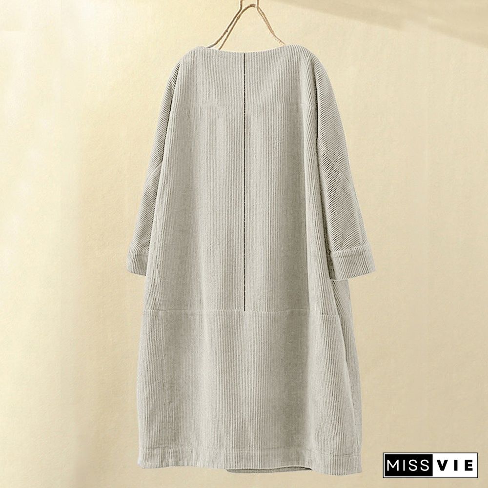 Pleated Long Sleeve Casual Solid Casualdress Linen