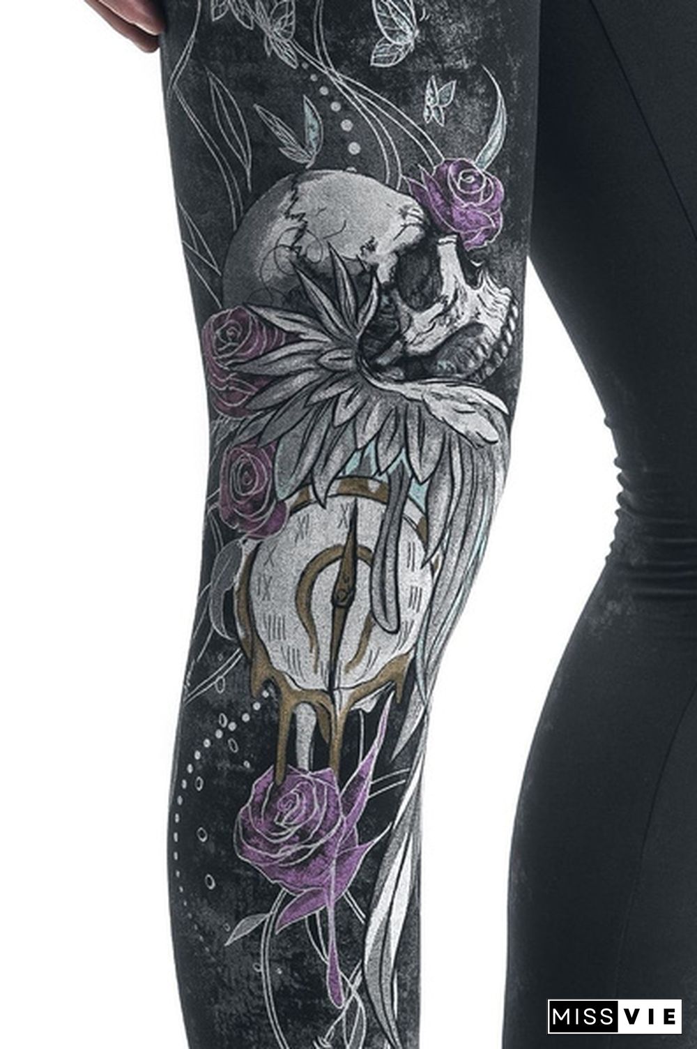 Women Fashion Punk 3D Printed Floral Skull Print Leggings Slim Yoga Sport Workout Pants Gothic Black Leggings Plus Size S-5XL