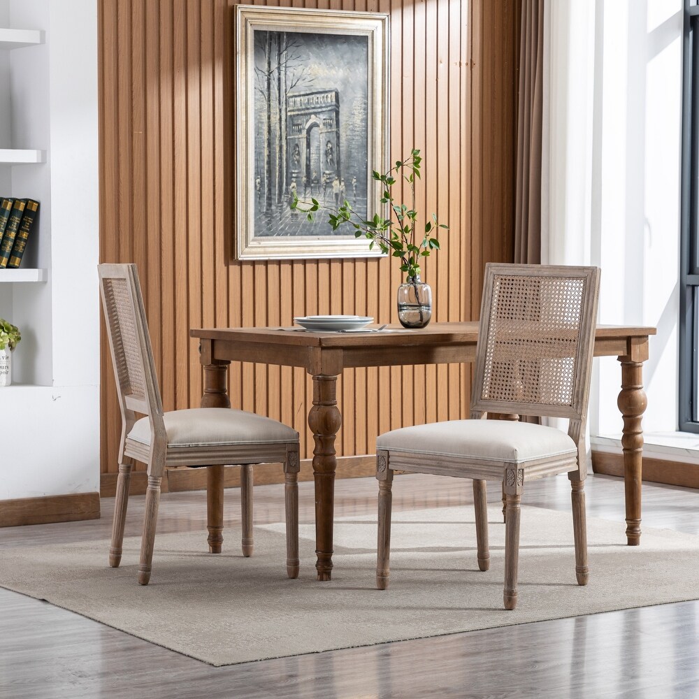 French Style Rattan Back Dining Chairs with Linen Fabric Upholstered Accent Side Chairs and Solid Wood Legs Seat of 2