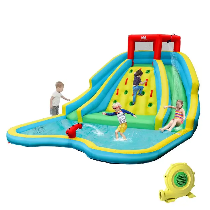 Outdoor Double Side Inflatable Water Slide Park with Large Climbing Wall & 750W Air Blower