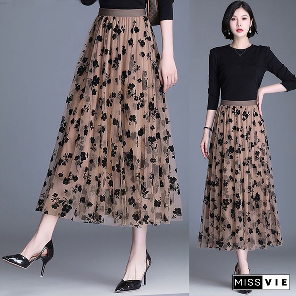 Wome Lace Long Skirt High Waist Tulle Skirts Ladies Summer Casual Loose Elegant Maxi Skirts