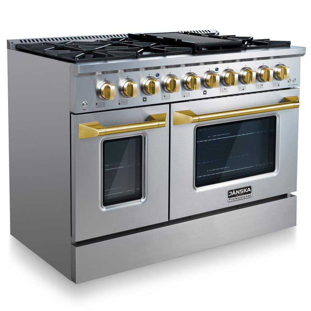 JANSKA Professional 48 in. 6.7 cu. ft. 8-Burners Double Oven Gas Range w Griddle in Stainless Steel with Gold Knobs and Handle GR-670 G