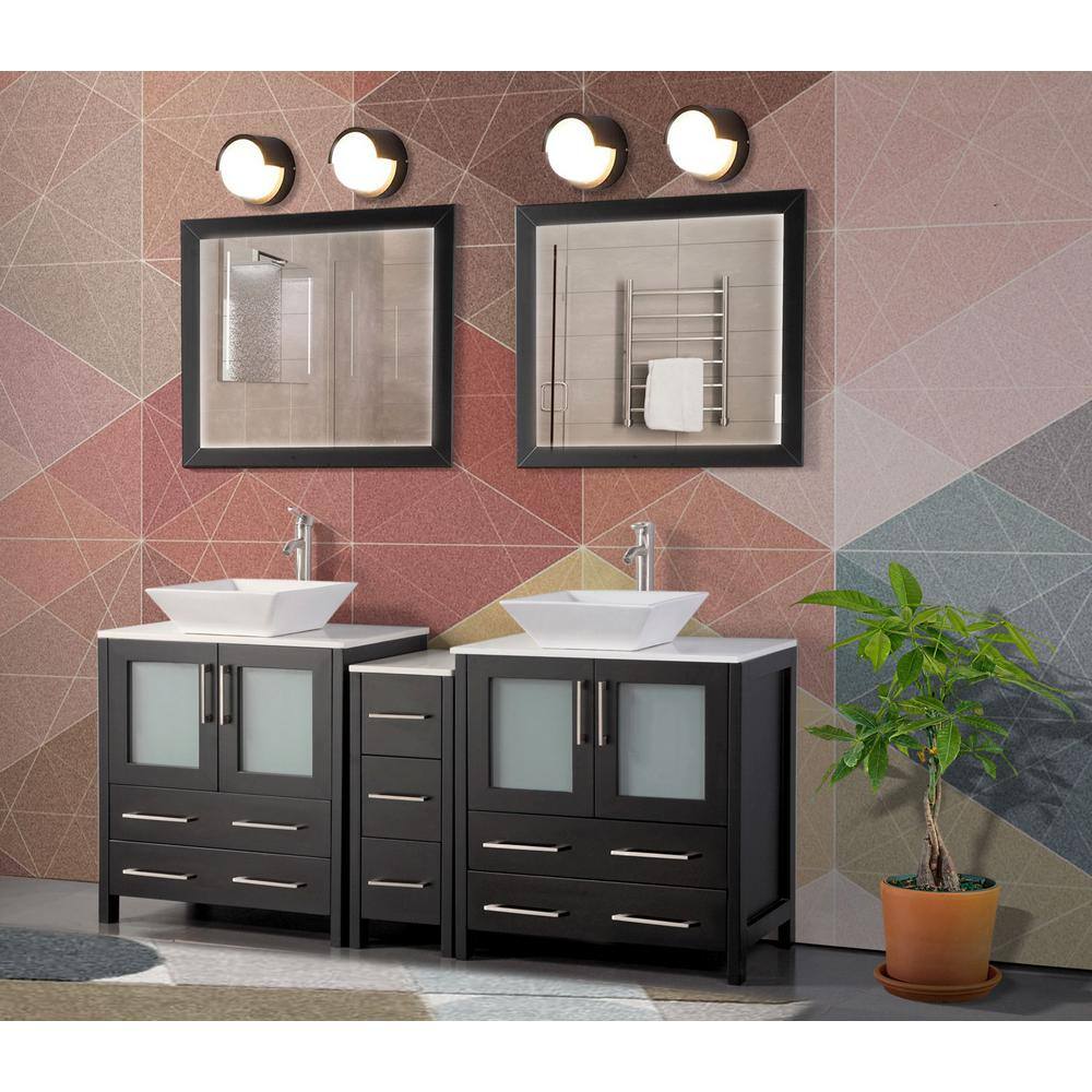 Vanity Art Ravenna 72 in. W Bathroom Vanity in Espresso with Double Basin in White Engineered Marble Top and Mirrors VA3130-72E