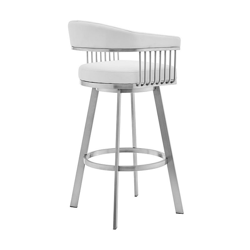 Swivel Barstool with Open Design Metal Frame and Slatted Arms， White and Silver