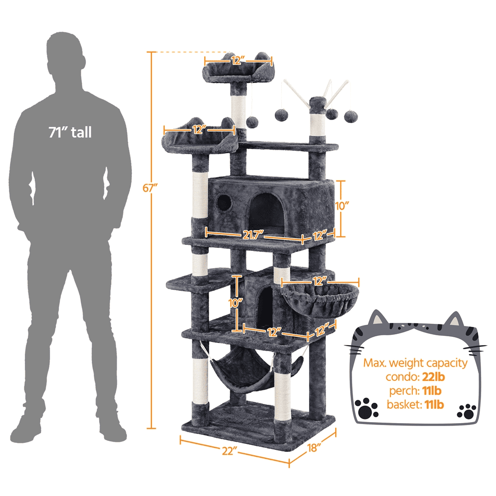 Easyfashion 67'' H Multi-Level Cat Tree Cat Tower with Condos， Dark Gray