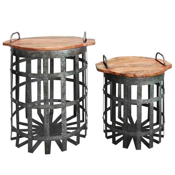 Industrial Grid Galvanized Accent End Table with Round Lid and Handles， Set of 2， Gray and Brown