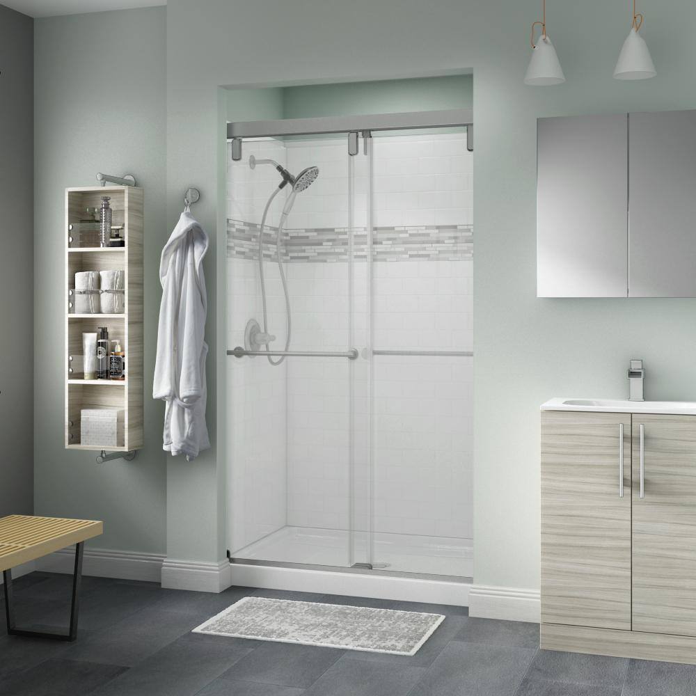 Delta Lyndall 48 x 71-12 in. Frameless Mod Soft-Close Sliding Shower Door in Nickel with 38 in. (10mm) Clear Glass SD3442267