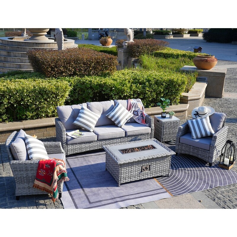 Braylee 5 piece Cushioned Patio Porch Sectional Set with Fire Pit and Rain cover