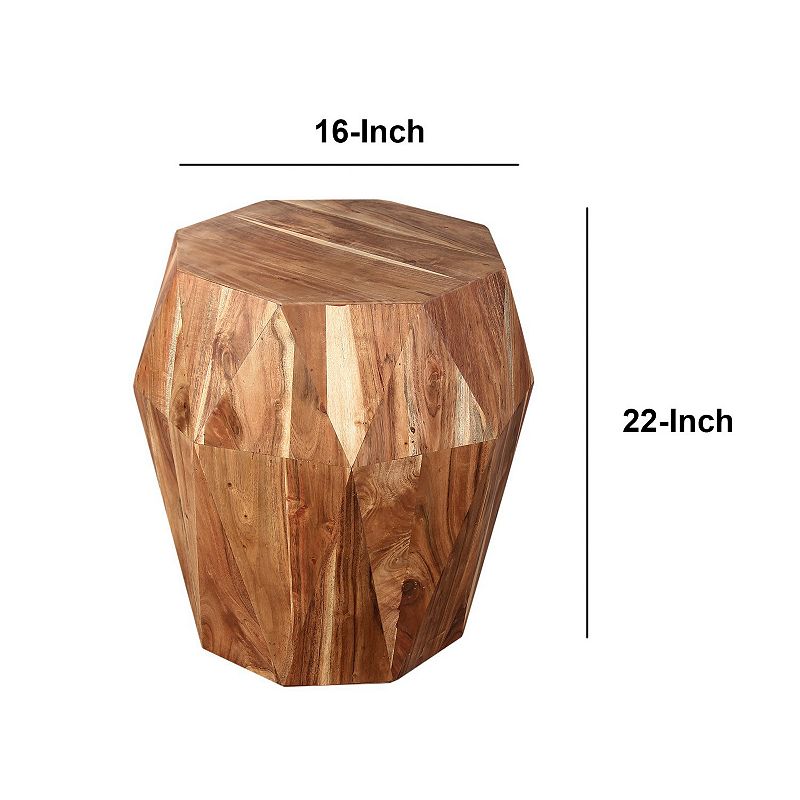 Bon 22 Inch Artisanal End Side Table， Multifaceted Solid Acacia Wood， Octagon Top， Natural Brown