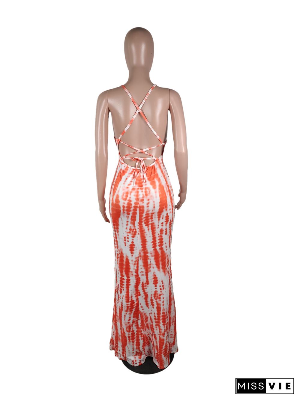 Sexy Backless Sleeveless Tie-dye Long Dress