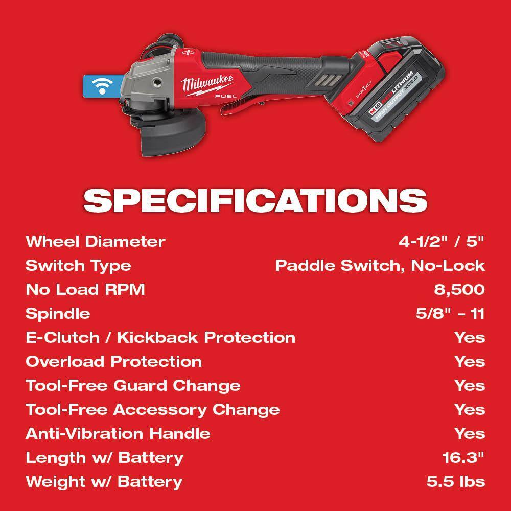 MW M18 FUEL 18V Lithium-Ion Brushless Cordless 4-12 in.5 in. Braking Grinder Kit wFUEL Angle Grinder 2882-22-2880-20