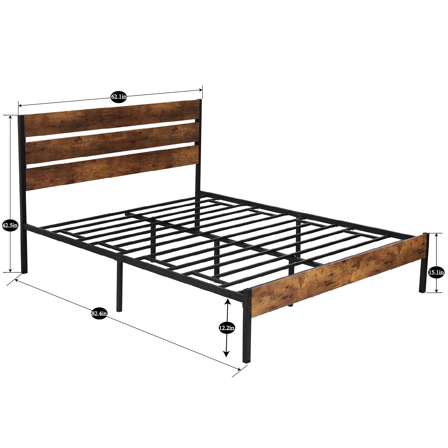 VECELO 3-piece Bedroom Set, Metal and Wood Platform Bed and Set of 2 Square Nightstand, Queen Size