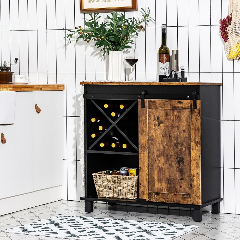 Kitchen Buffet Storage Cabinet Sideboard w/Sliding Barn Door Wine Rack