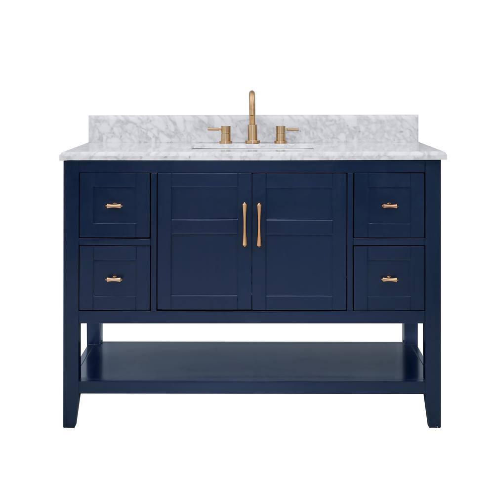 Home Decorators Collection Sturgess Open Shelf 49 in. W x 22. D x 35. H Vanity in Navy Blue with White Marble Vanity Top 19111S-VS49C-NB