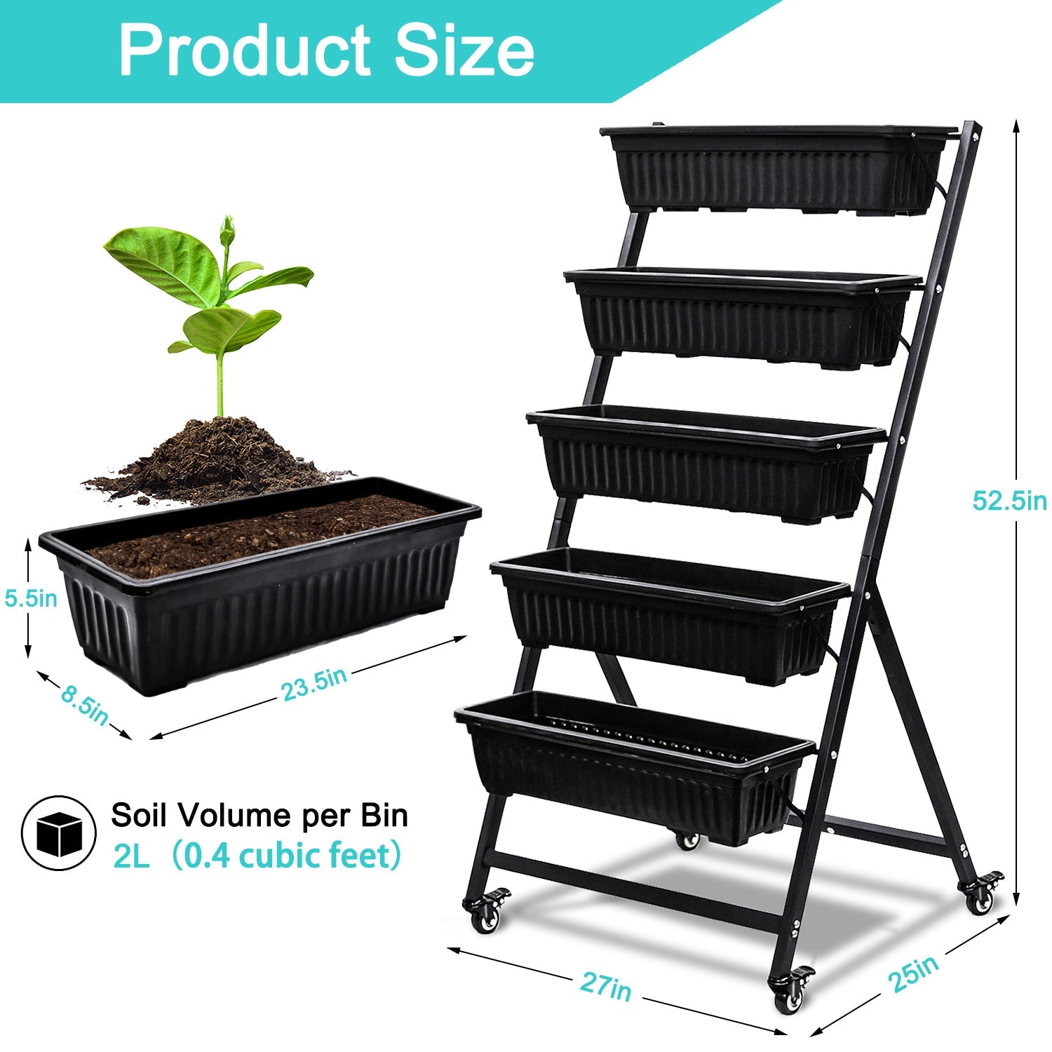 Raised Garden Bed - Vertical Garden Freestanding Elevated Planters 5 Container Boxeswith Wheels - Good Patio Balcony Indoor Outdoor