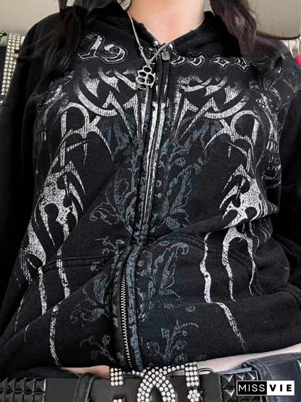 Gothic Print Zip Up Oversized Hoodie