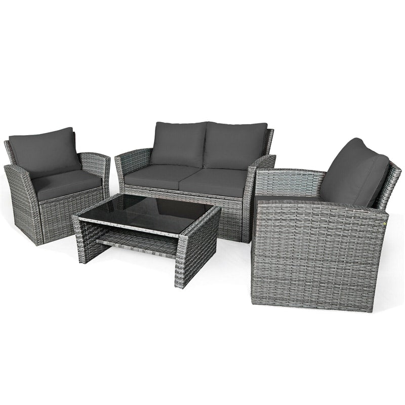 4 Pcs Rattan Patio Sectional Furniture Set with Storage Shelf Table, Cushioned Outdoor Wicker Conversation Sofa Set