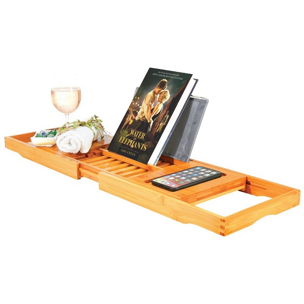 Bambusi Bamboo Bathtub Tray With Extending Sides Reading Rack Tablet Holder Cellphone Tray amp Integrated Wine Glass Holder