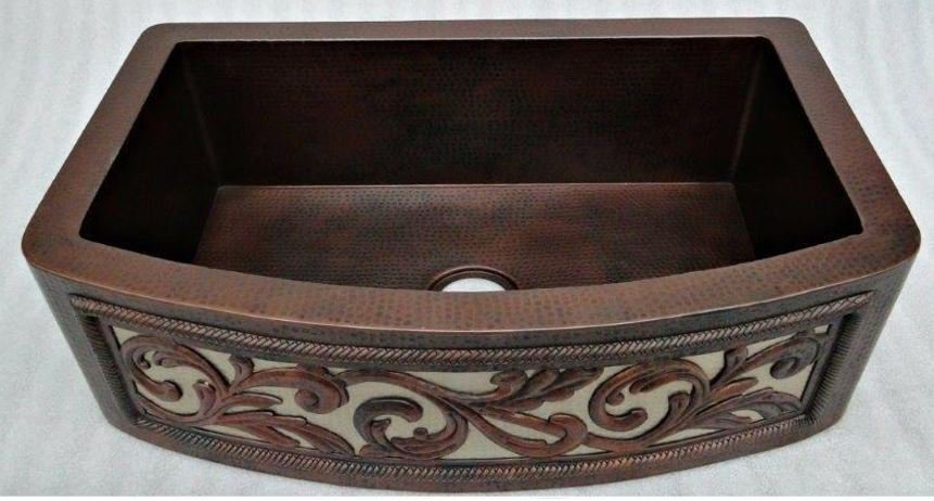 42 SINGLE-BOWL HAMMERED 100% COPPER FARMHOUSE SINK Curved Front w/ Vine Design