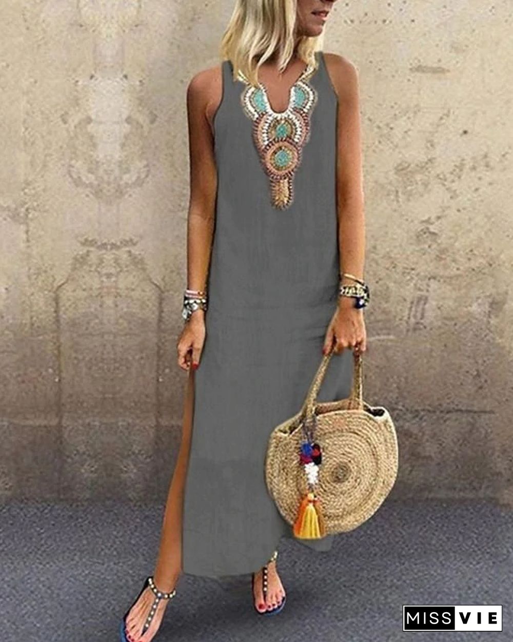 Women's Blazer Dresses Maxi long Dress - Sleeveless Tribal Split Print Summer V Neck Plus Size Hot Casual Boho Holiday Beach White Yellow Wine Green Gray S M L XL XXL White Dresses