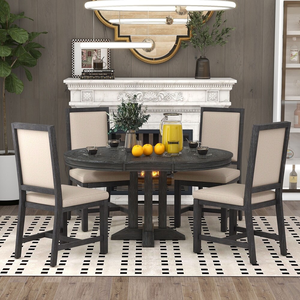 5 Piece Dining Set Extendable Round Table and 4 Upholstered Chairs Farmhouse Dining Set for Kitchen  Dining Room