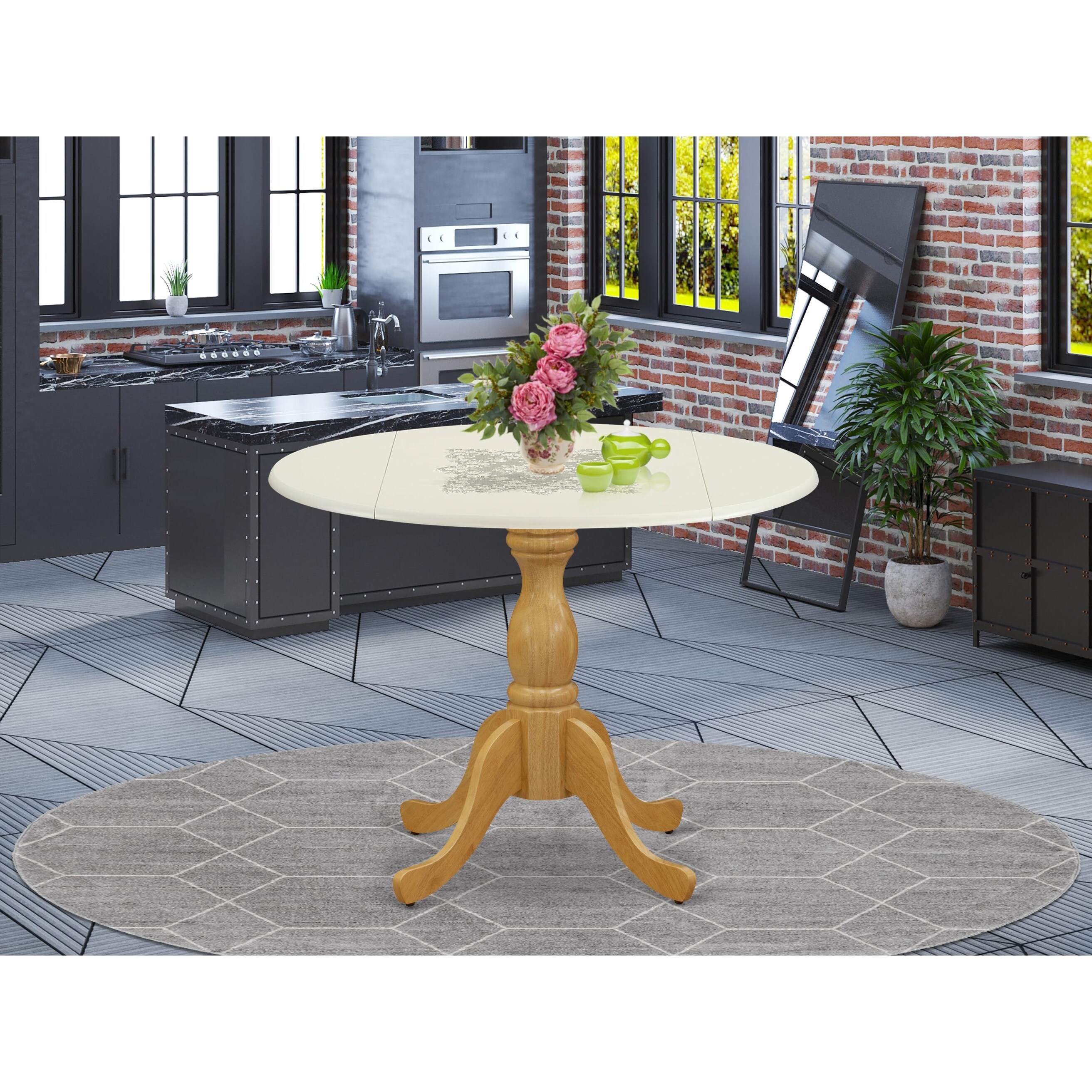 Wood Dining Table with Drop Leaves - Linen White Table Top and Oak Pedestal Leg Finish - Multi