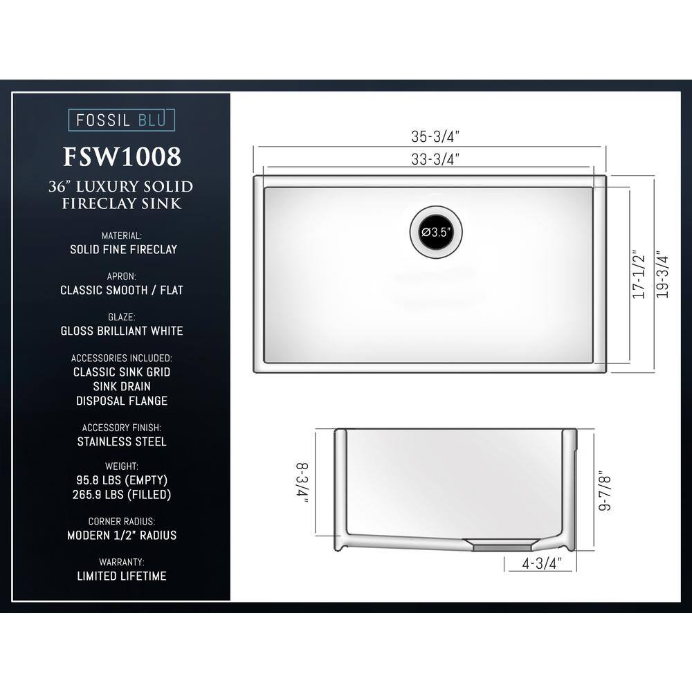 Fossil Blu Luxury White Solid Fireclay 36 in. Single Bowl Farmhouse Apron Kitchen Sink with Stainless Steel Accs and Flat Front WHS1008SS