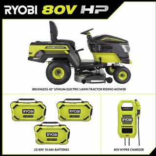 RYOBI 80V HP Brushless 42 in. Battery Electric Cordless Riding Lawn Tractor with (3) 80V 10Ah Batteries and Charger RYRM8060