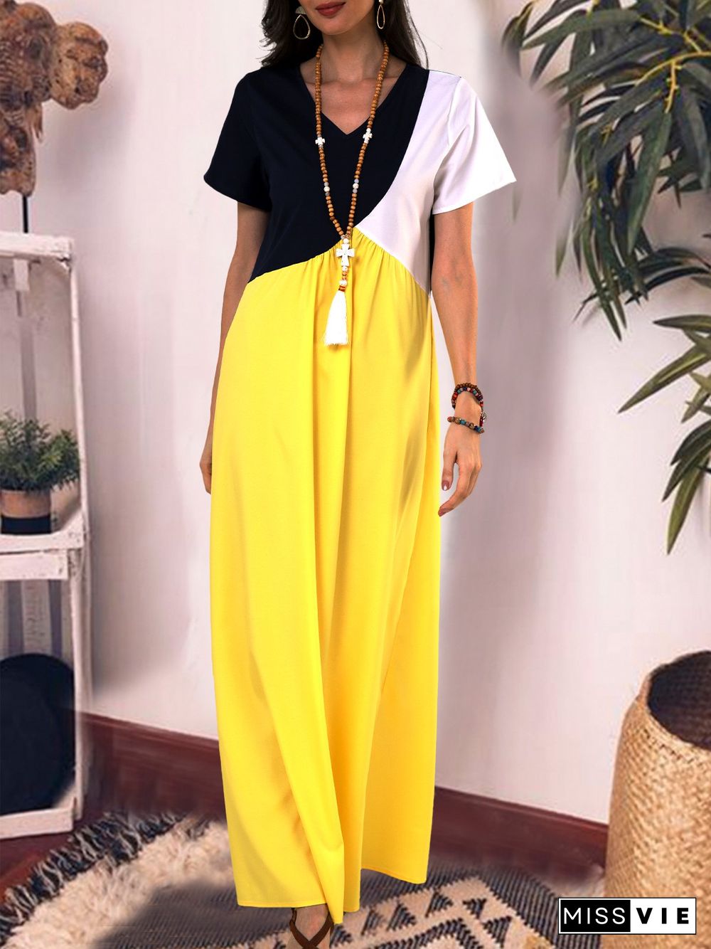 Women Casual Solid Color Cotton V Neck Plus Size Maxi Dresses