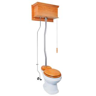 RENOVATORS SUPPLY MANUFACTURING Light Oak High Tank Pull Chain Toilet 2-piece 1.6 GPF Single Flush Round Bowl Toilet in. White Seat Not Included 21769