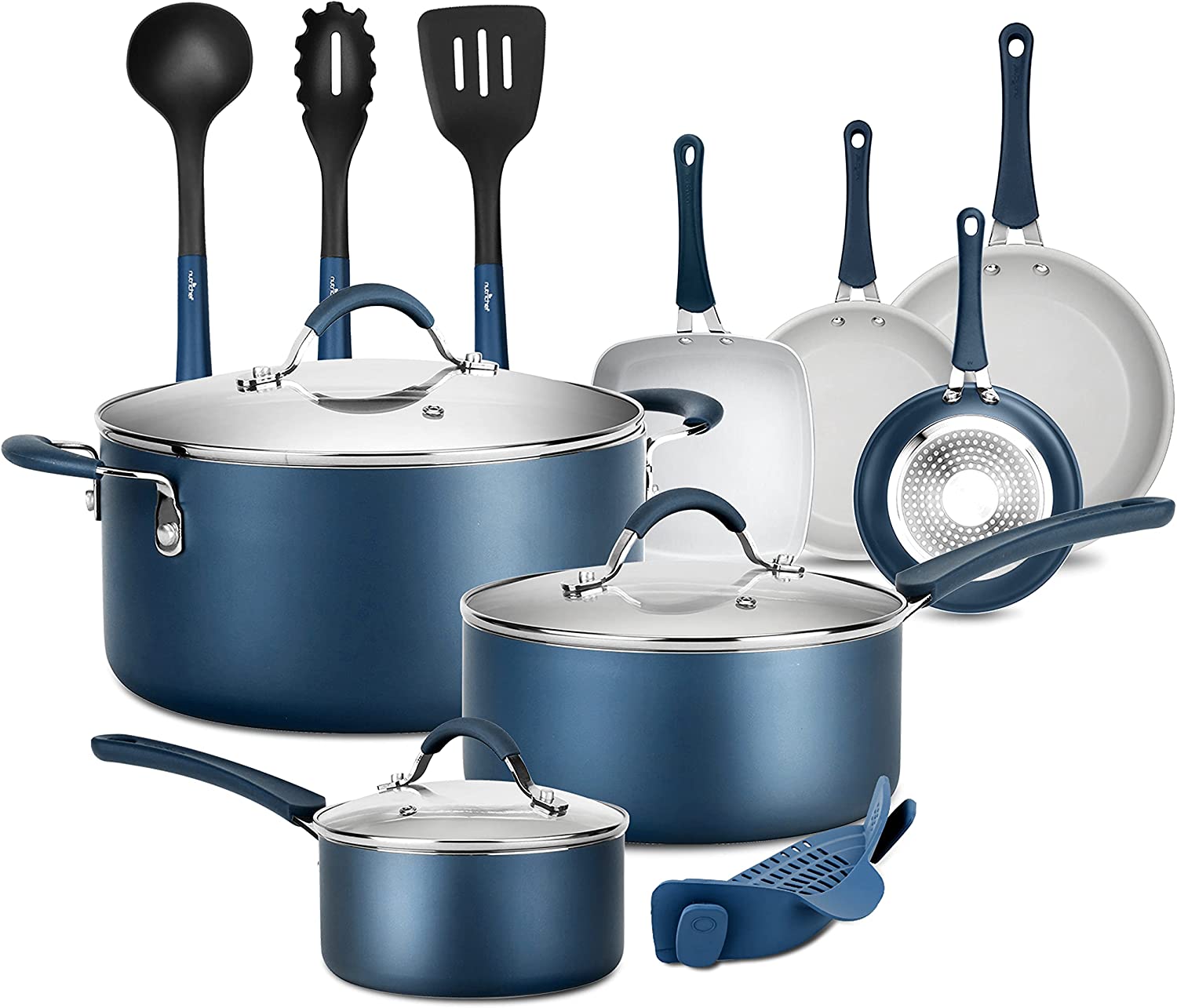 14-Piece Nonstick Cookware PTFE/PFOA/PFOS-Free Heat Resistant Lacquer Kitchen Ware Set w/Saucepan, Frying Pans, Cooking, Dutch Oven Pot, Lids, Utensil NCCW14S, AGold