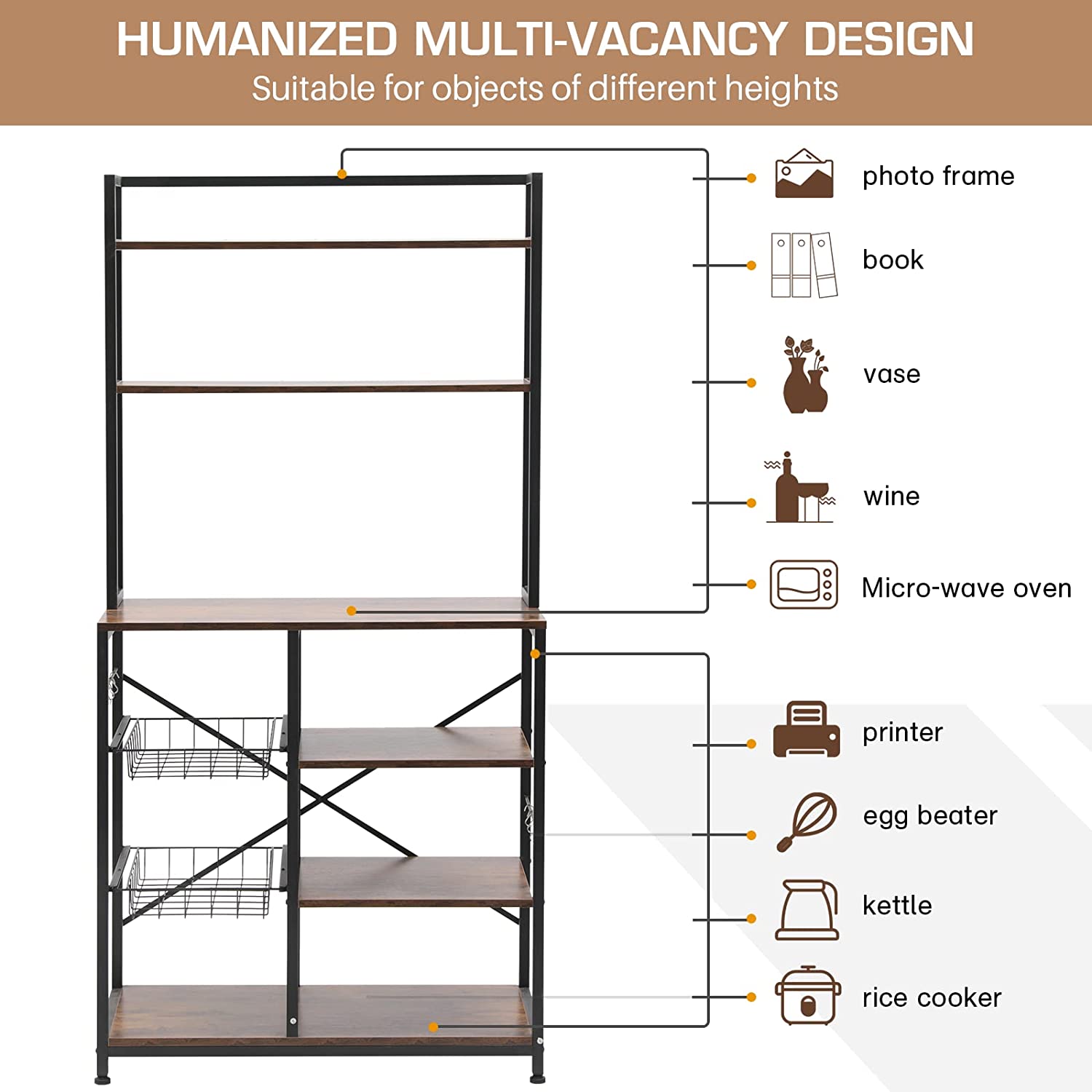 Yoleny 6-Tier Kitchen Baker's Rack， Microwave Oven Stand， Free Standing Utility Storage Shelf for Kitchen， Living Room， Brown