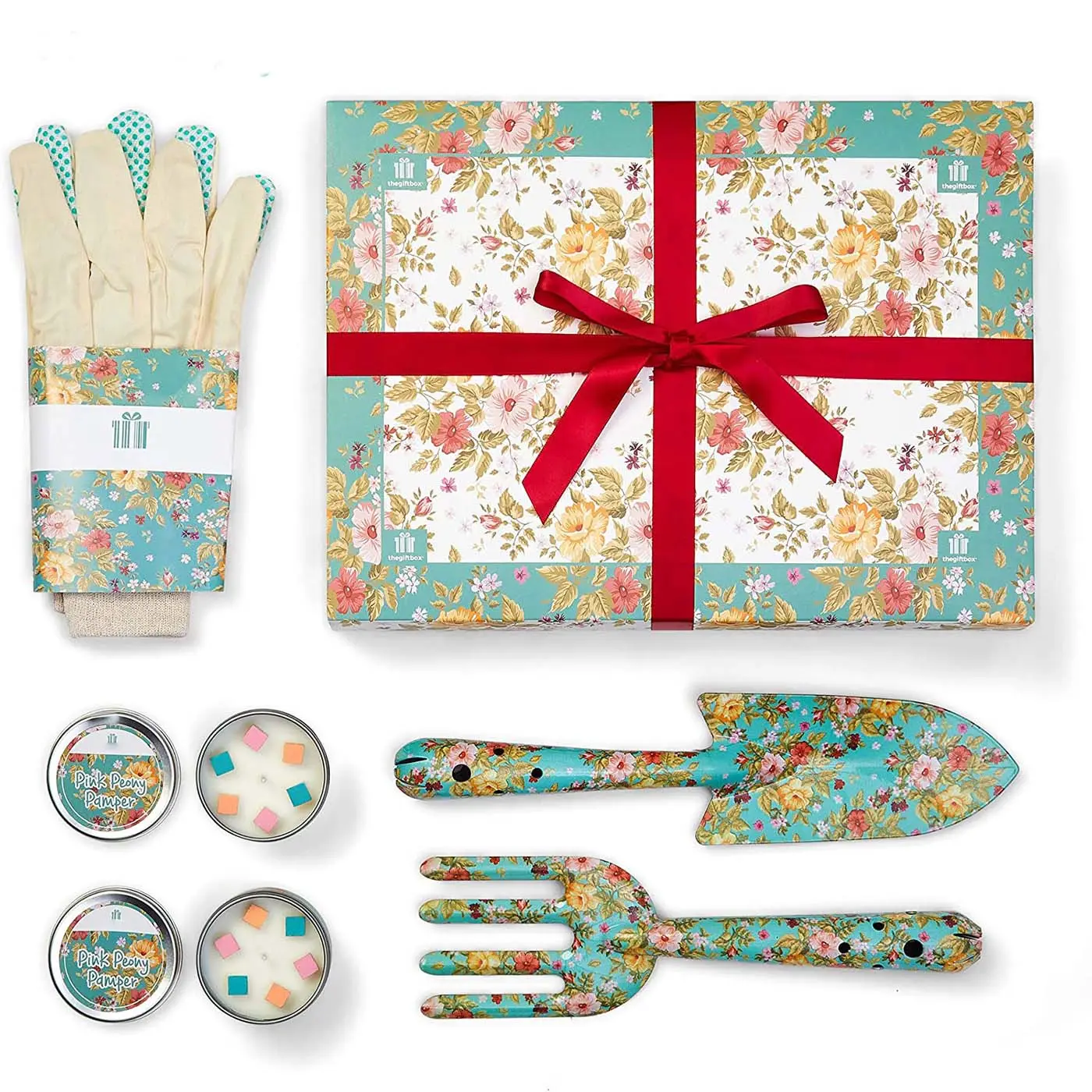 Wholesales 5Pcs Garden Tools Set with Floral Print Including Trowel Fork 2 Candles and Gloves Mother's Day Birthday Gifts