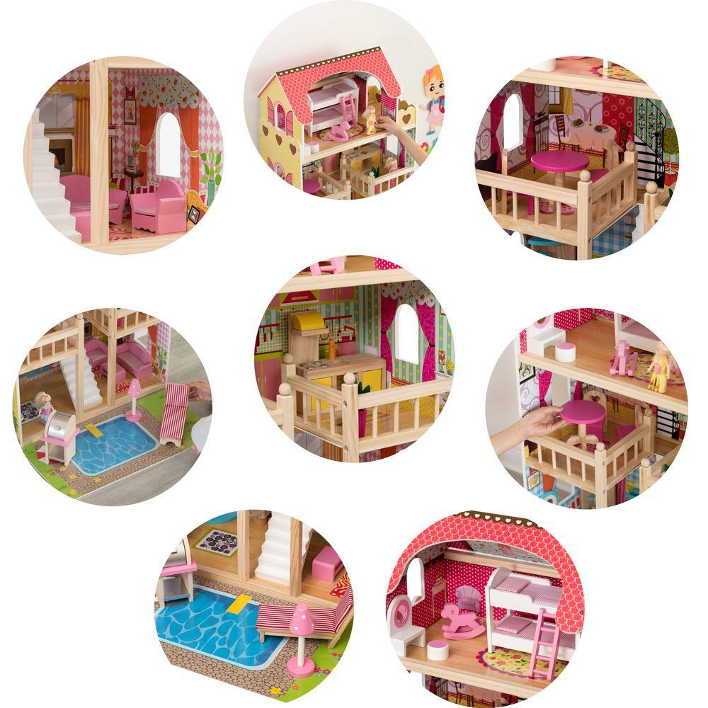 Gardenised QI004210 Wooden Doll House with Toys and Furniture Accessories with LED Light for Ages 3 plus