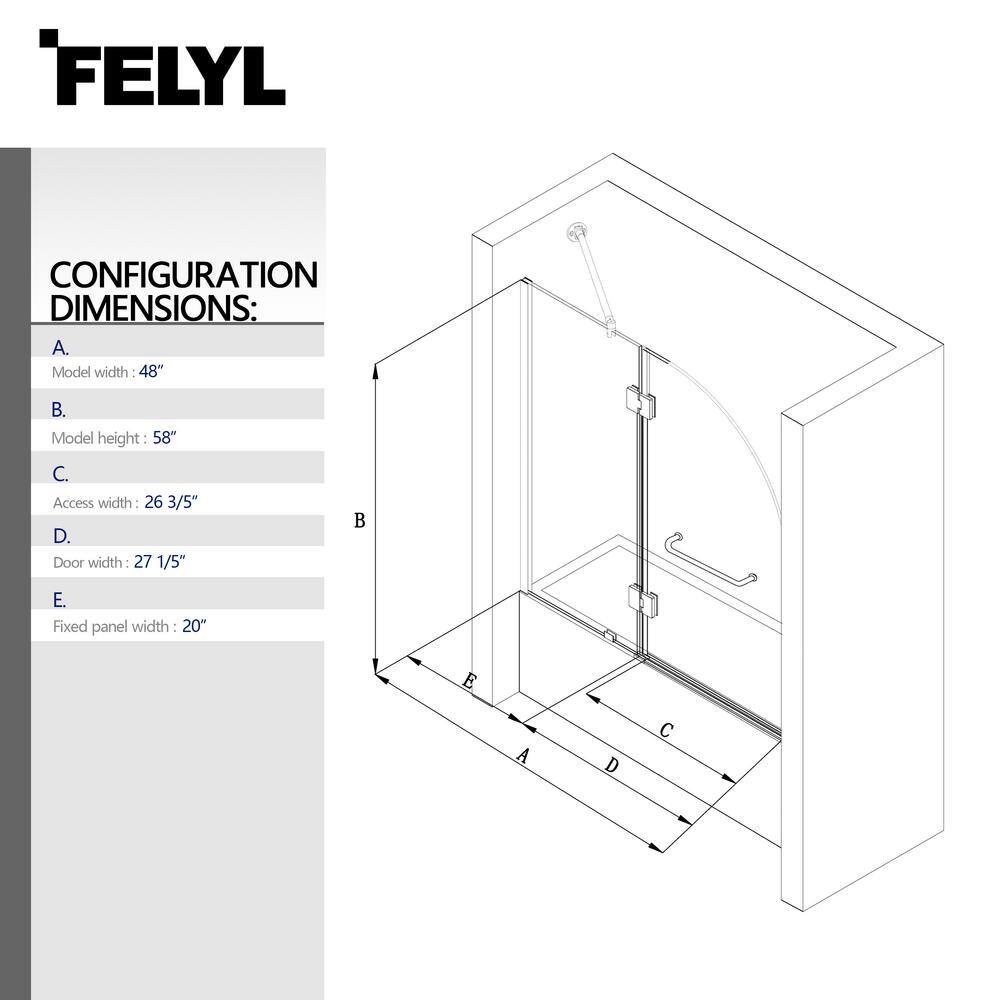 FELYL Caffe 48 in. W x 58 in. H Apartment Pivot Frameless Tub Door in Space Gray Finish with Clear Tempered Glass FL81024858G