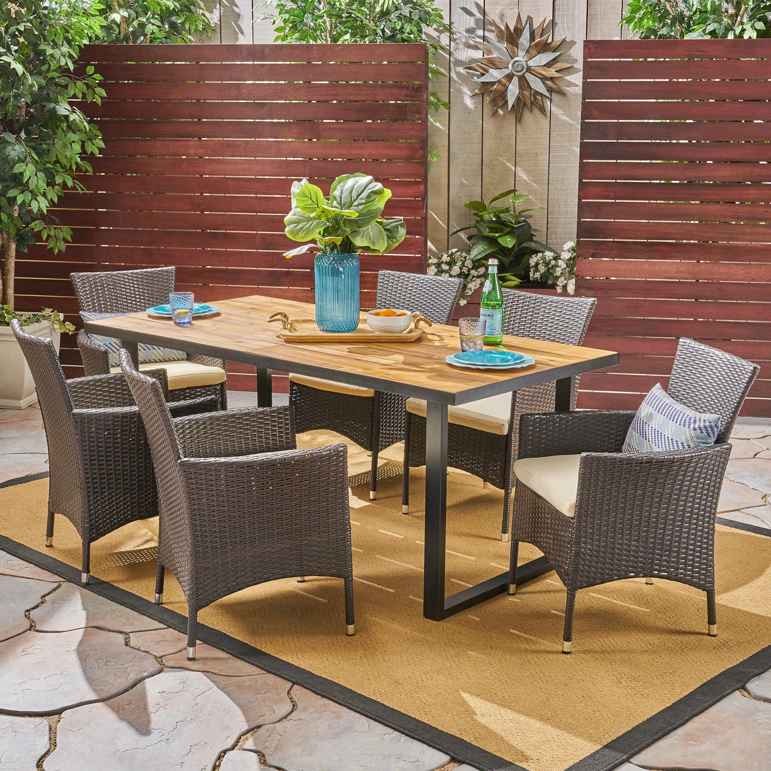 Acosta Outdoor 6-Seater Rectangular Acacia Wood and Wicker Dining Set, Teak with Black and Multi Brown with Beige