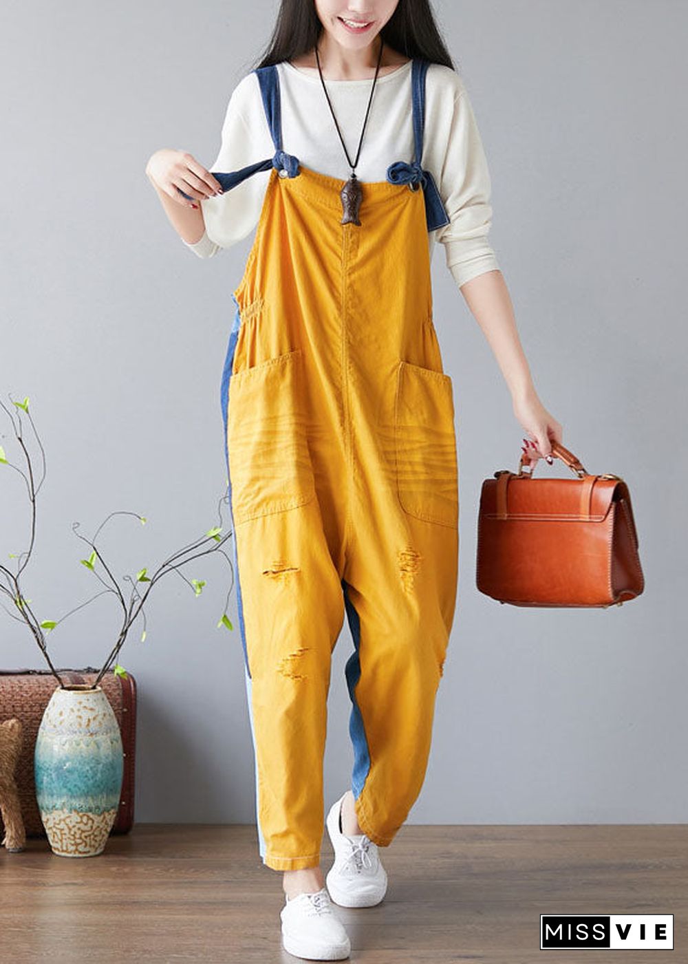 Fashion Yellow pockets Patchwork denim Jumpsuit Spring