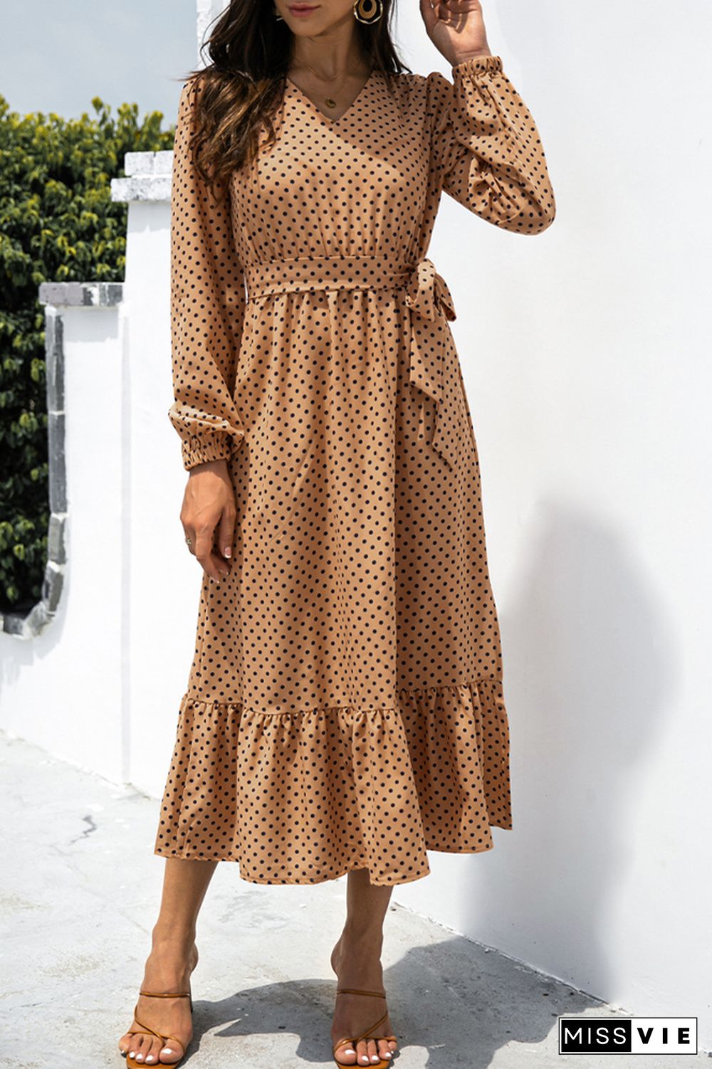 Dot Full Printed Longsleeves Split Lace-up Dress Wholesale