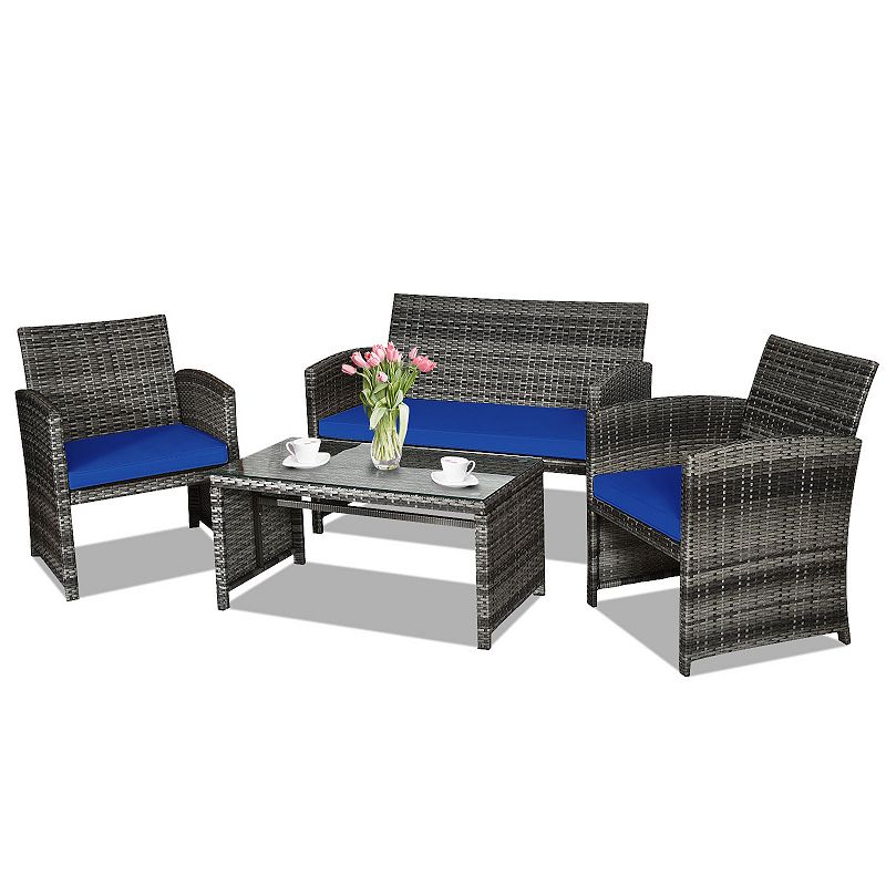 4 Pieces Patio Rattan Furniture Set Top Sofa With Glass Table