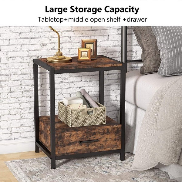 Industrial End Table with Drawer and Storage Shelves， Side Table and Nightstands