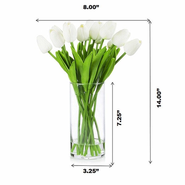 Enova Home Artificial Real Touch Tulips Fake Silk Flowers Arrangement in Clear Glass Vase with Faux Water for Home Decoration