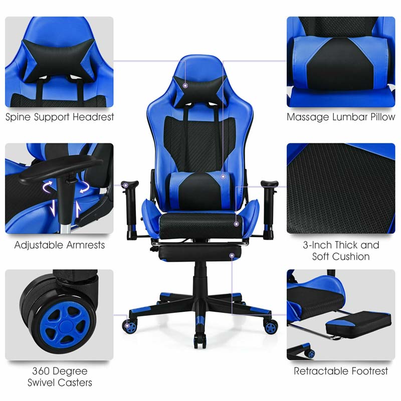 High Back E-Sport Massage Gaming Chair with Footrest & Headrest, Ergonomic PU Leather Gaming Seat, Video Game Chair Computer Chair